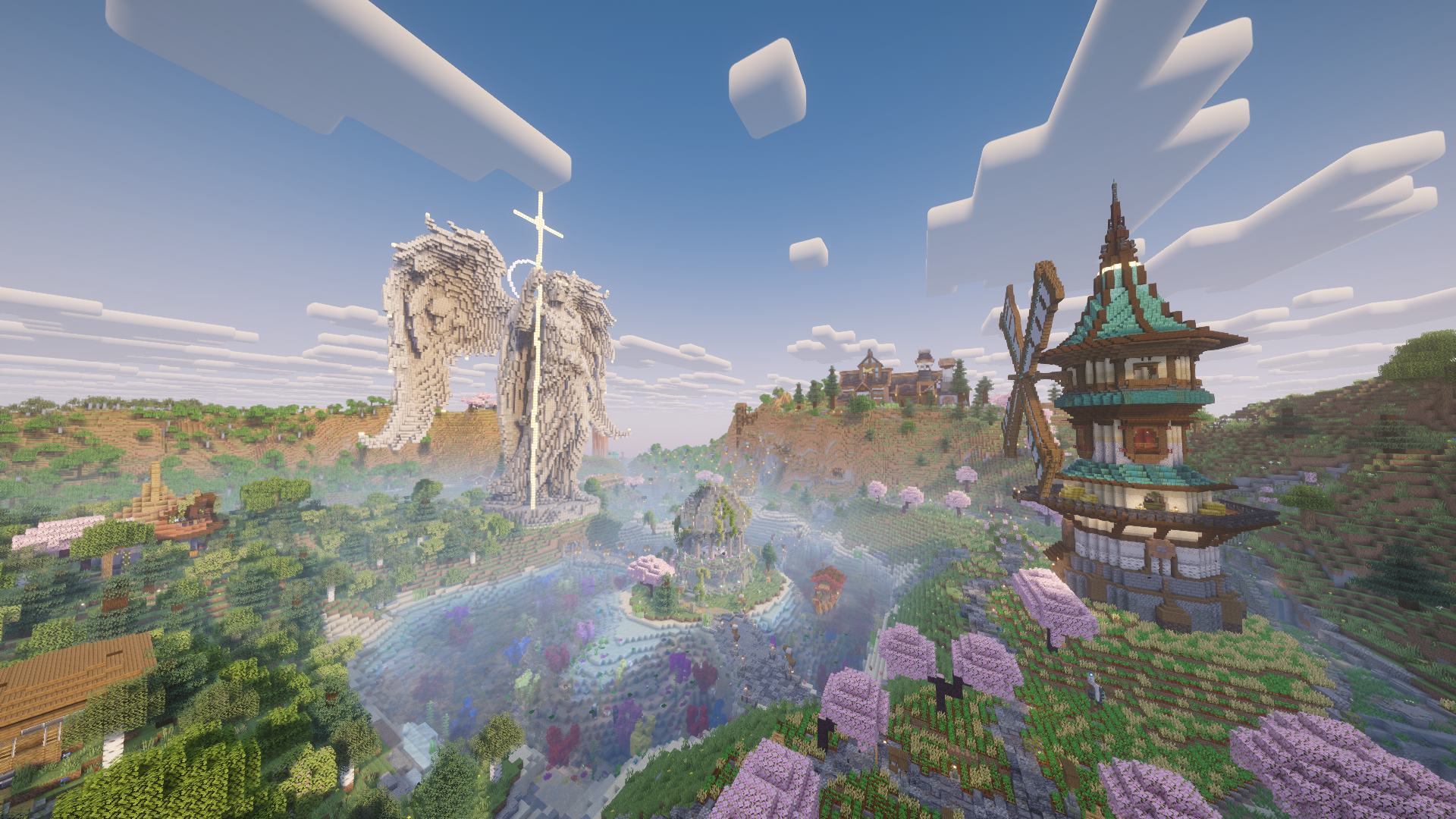 Windmühle und Wasserlandschaft am SurvivalFreunde-Spawn